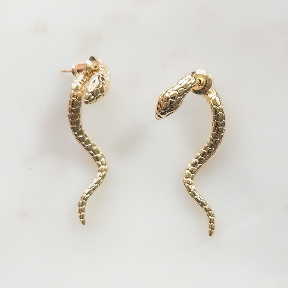 Snake Textured Wavy Drop Stud Earrings | 14k Gold Filled - Picture 2 of 5